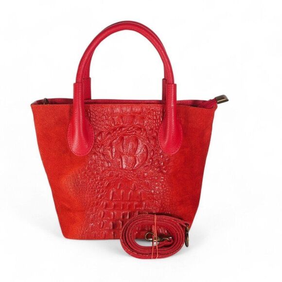Massimo Castelli Croc Embossed Leather Purse Handbag Red 8.5"x10.5"x4.5" - Picture 1 of 15